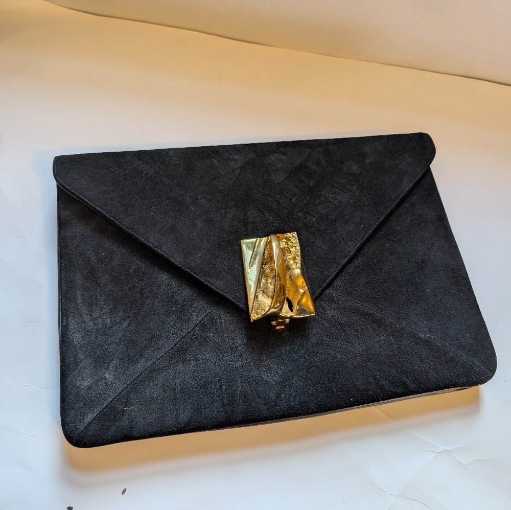 Harry Rosenfeld Black Suede Envelope Clutch/Shoulder Bag With Abstract Gold